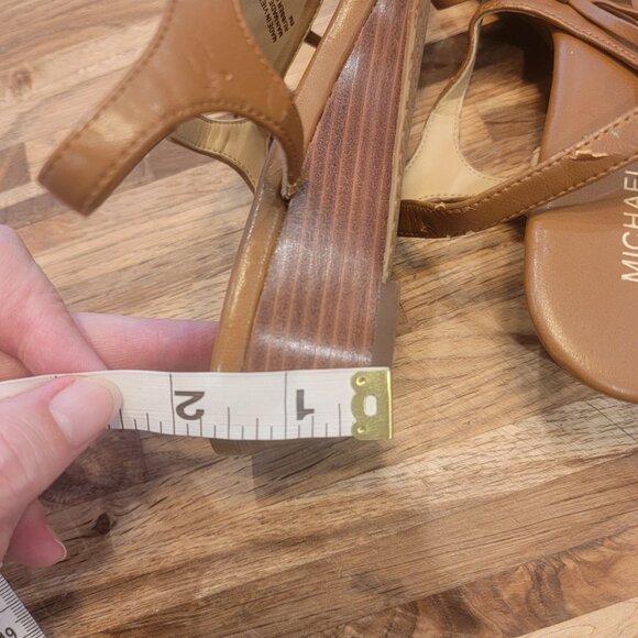 Michael Kors MK Logo Brown Leather T-Strap Low Wedge Thong Sandals - Picture 14 of 14